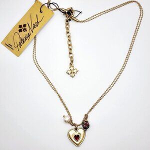Patricia Nash Heart Medallion, Freshwater Pearl, Cloisonne, Ball Chain Necklace